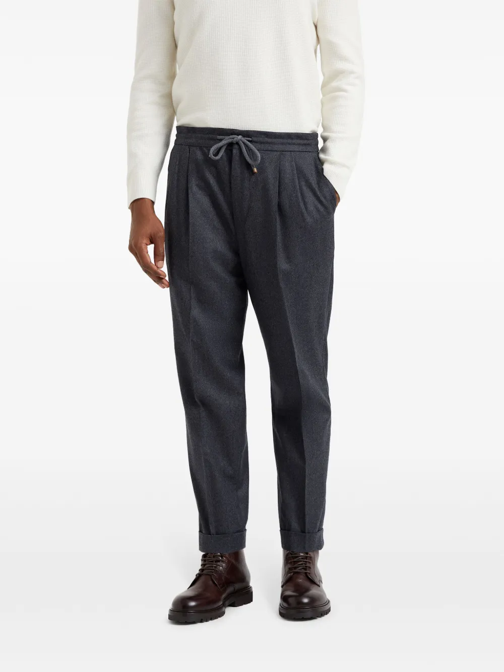 Brunello Cucinelli Wollen broek met toelopende pijpen en trekkoord Grijs