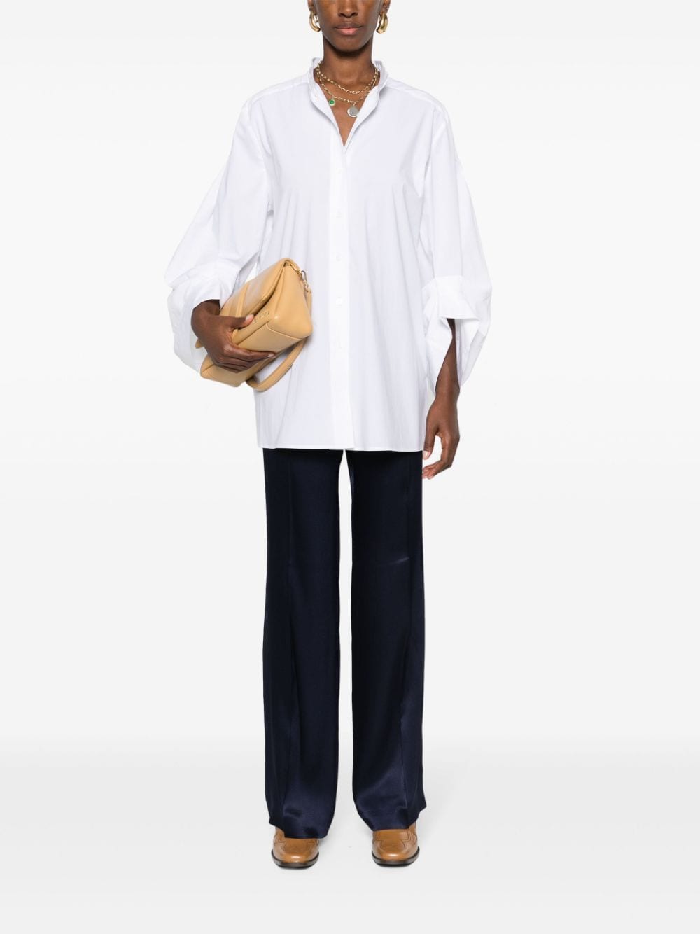 Shop Alberta Ferretti Draped-sleeve Cotton Shirt In White