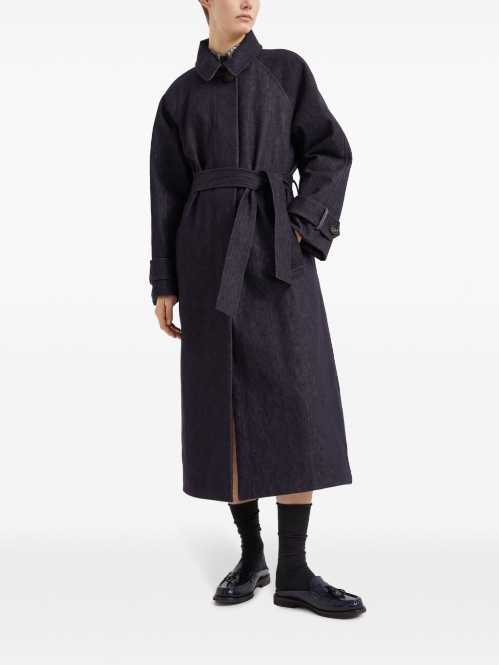 Shop Brunello Cucinelli Denim Belted Trench Coat In Blue