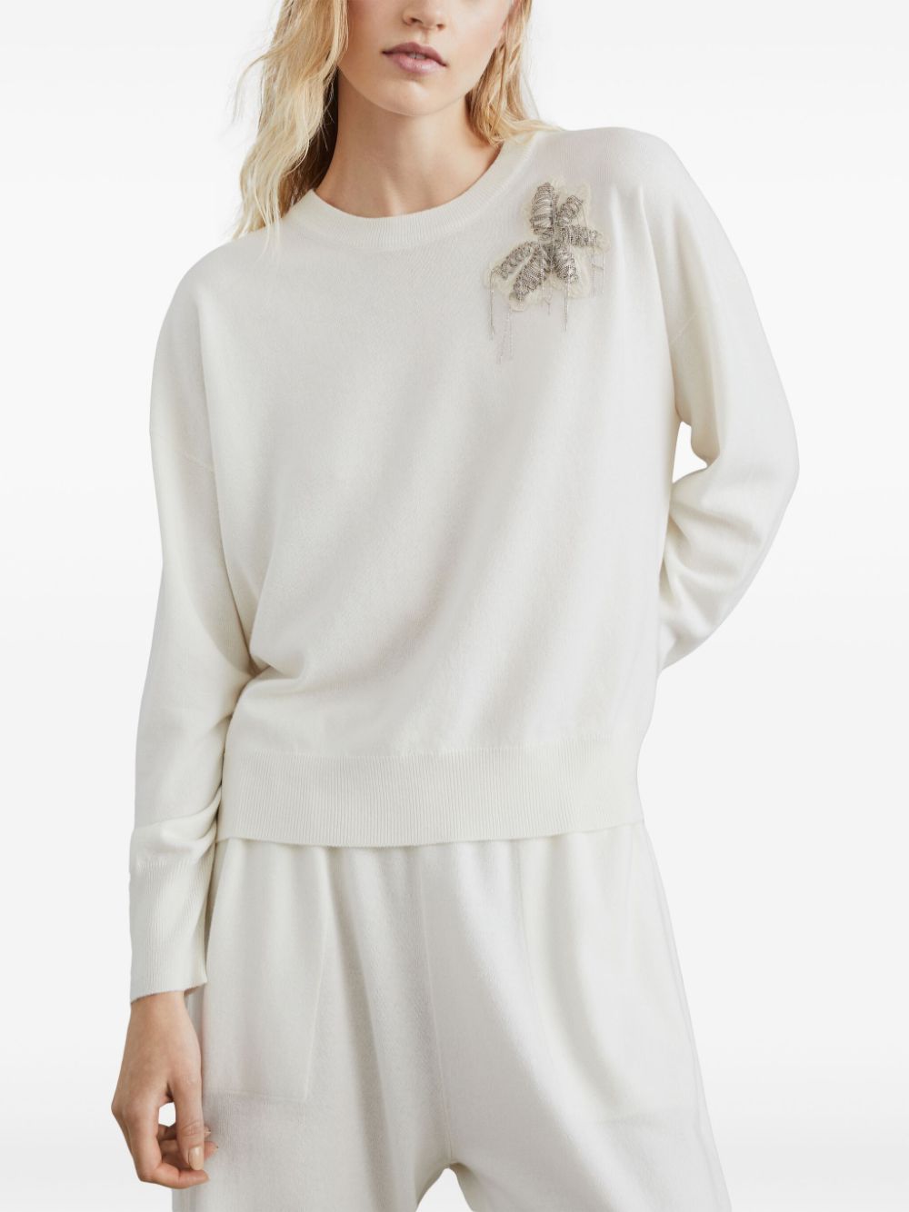 Shop Brunello Cucinelli Embroidered Cashmere Jumper In White