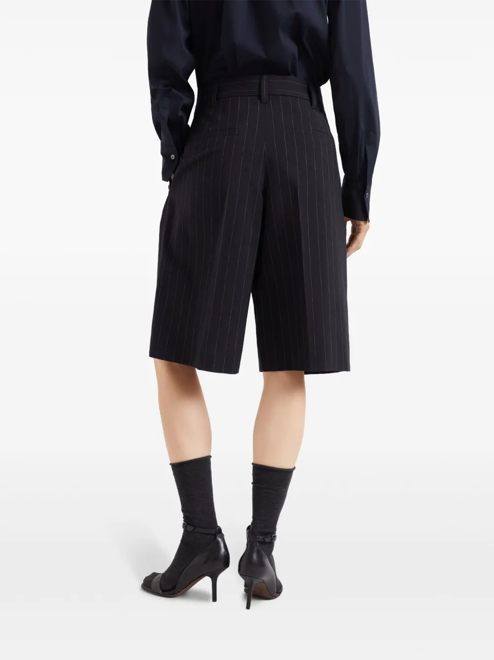 Brunello Cucinelli Virgin Wool-cotton Pinstripe Bermuda Shorts In Blau