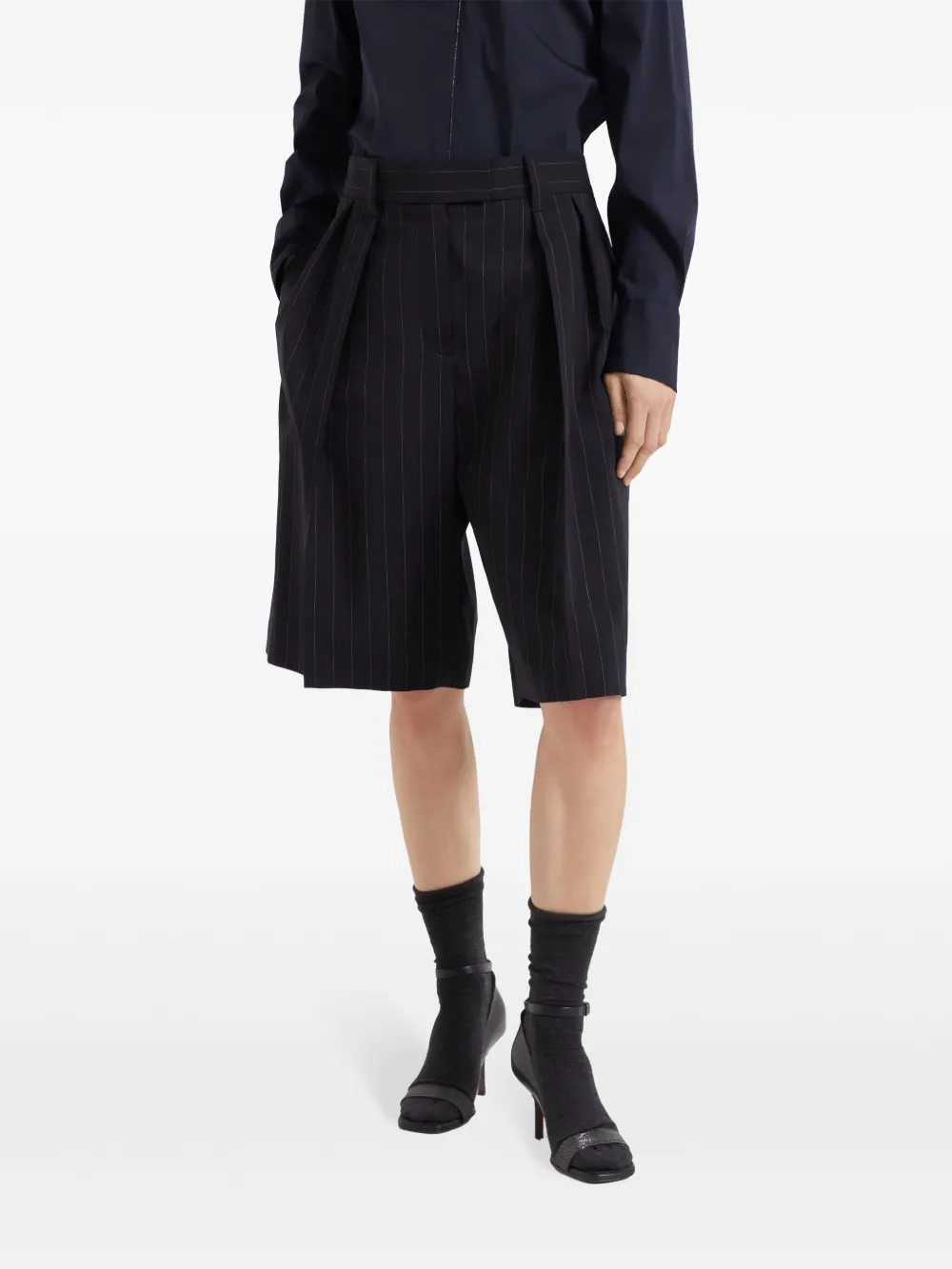 Brunello Cucinelli Virgin Wool-cotton Pinstripe Bermuda Shorts In Blau