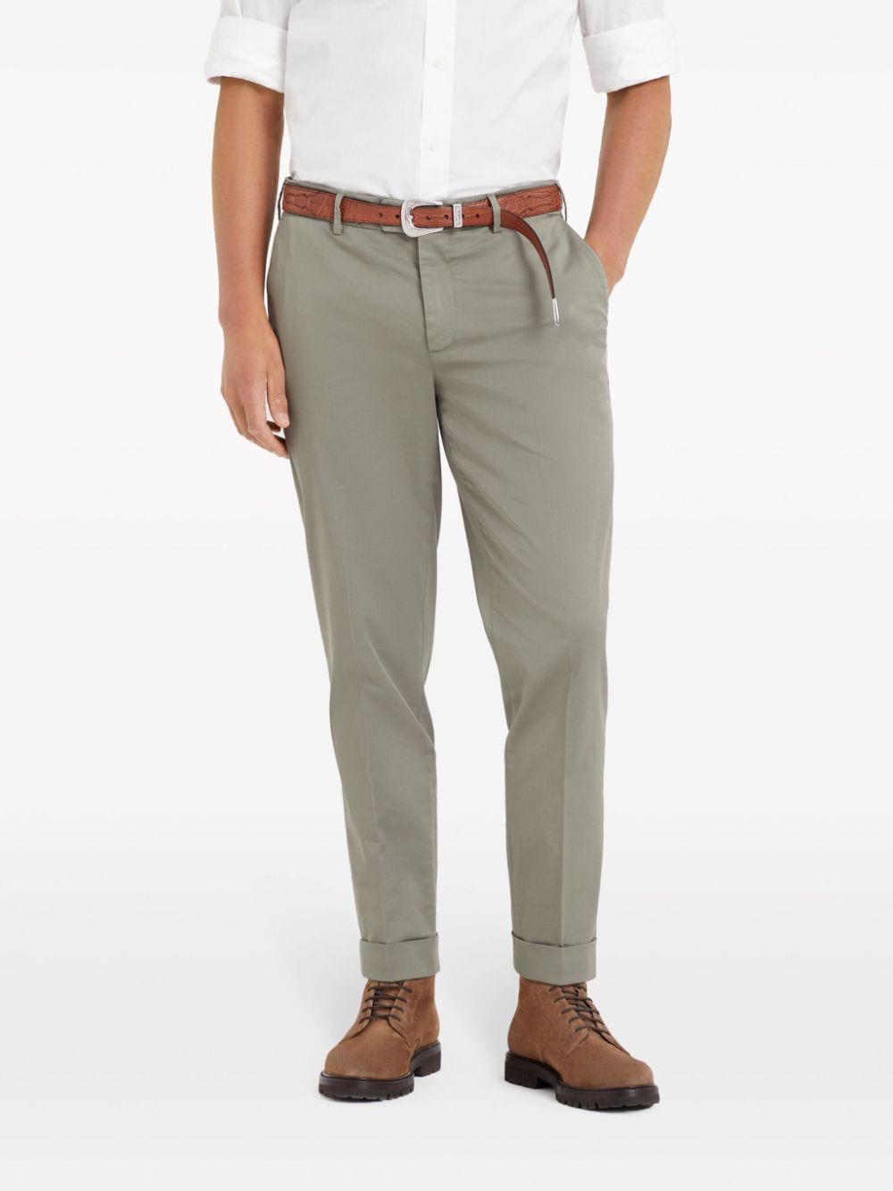 Shop Brunello Cucinelli Low-rise Tapered Chino Trousers In Green