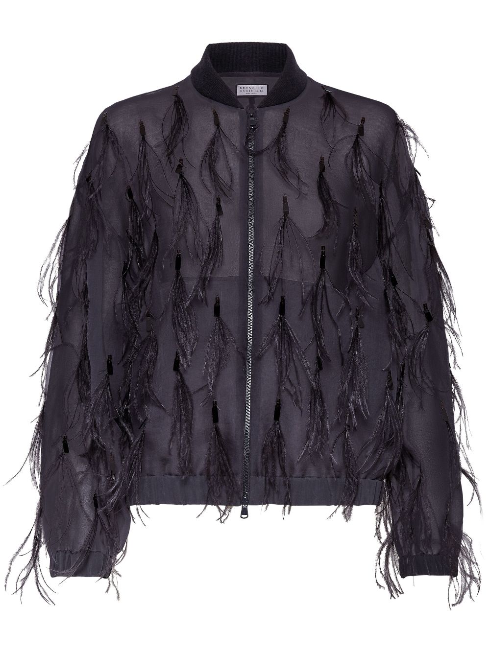 Brunello Cucinelli feather-embellished satin jacket - Grey