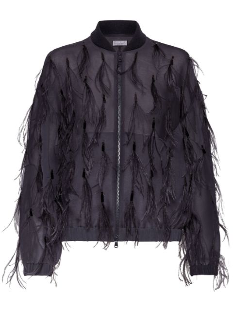 Brunello Cucinelli feather-embellished satin jacket Women