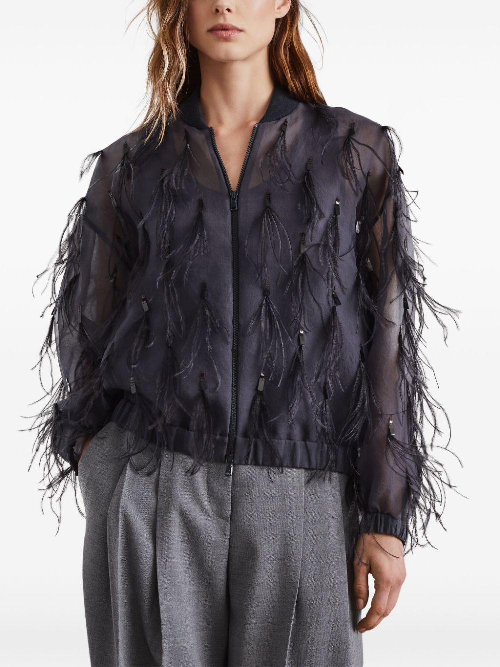 Best buy for Brunello Cucinelli feather-embellished satin jacket Women