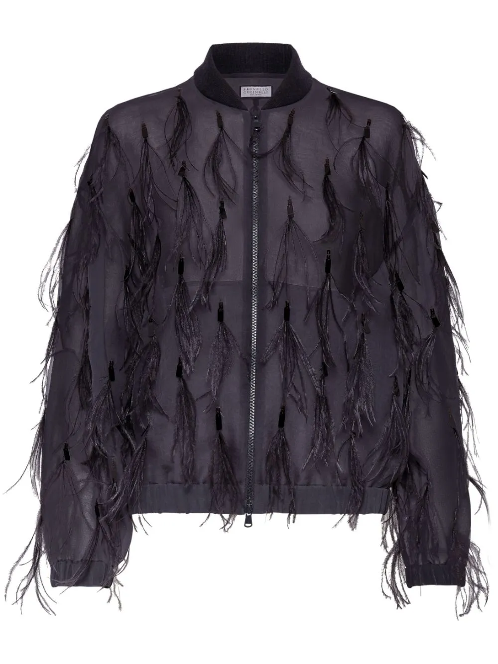 Brunello Cucinelli Crispy Silk Bomber Jacket With Dazzling Feather Embroidery In Grey