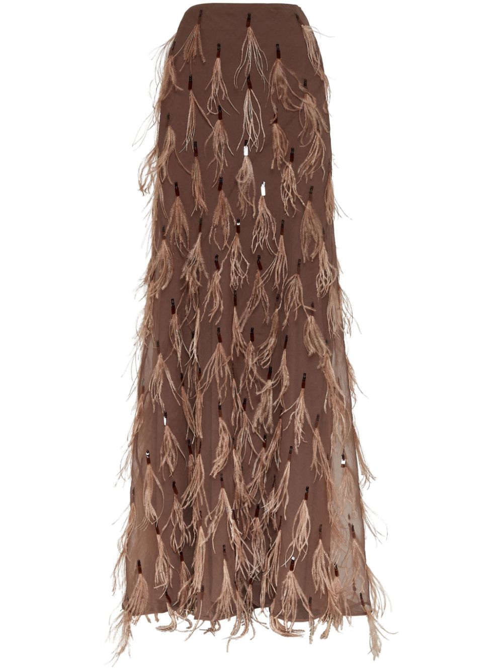 Brunello Cucinelli feather-embellished silk skirt - Brown