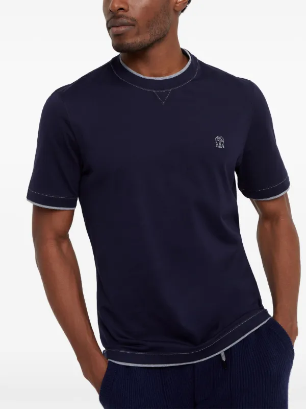 Brunello Cucinelli logo-embroidered contrast-trim T-shirt | Blue
