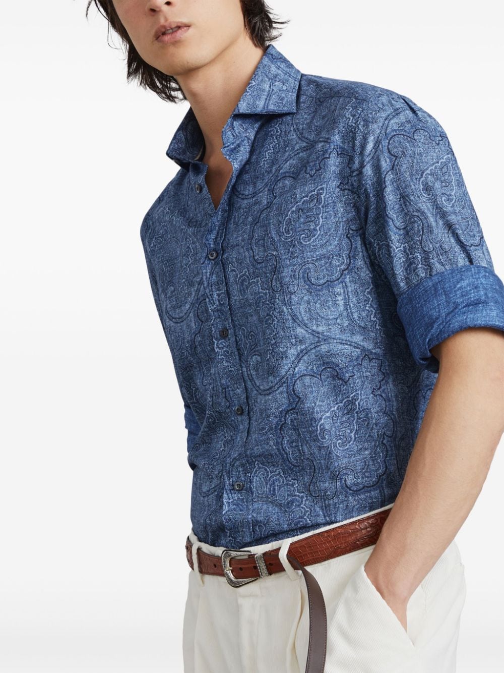 Shop Brunello Cucinelli Patterned Jacquard Cotton Shirt In Blue