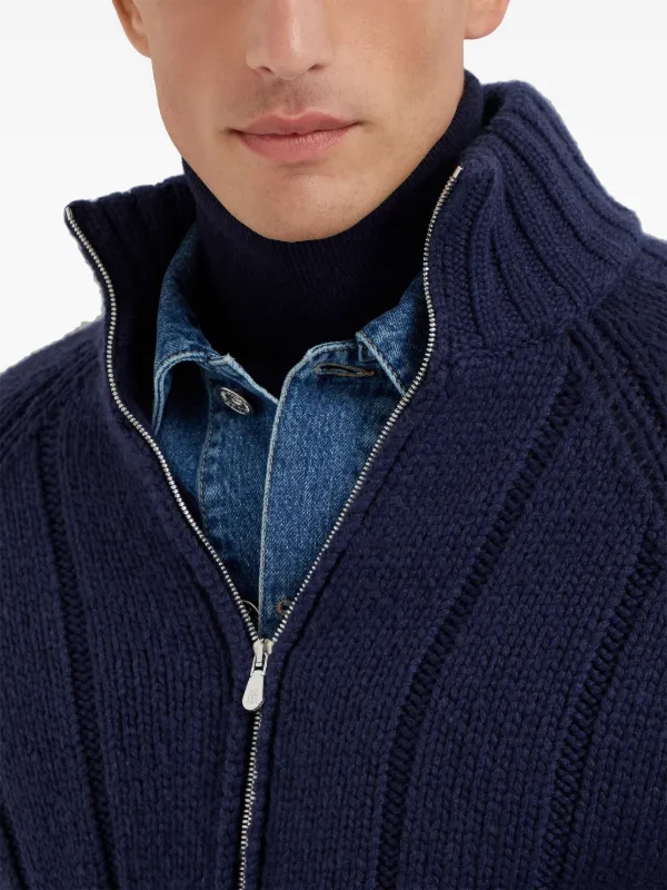 Brunello Cucinelli リブニット カシミアジャケット | ブルー