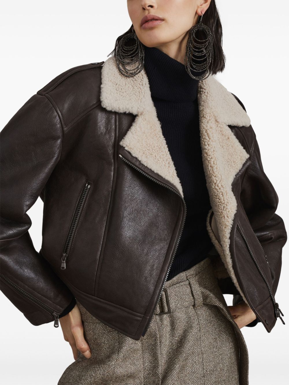 Brunello Cucinelli shearling-collar leather biker jacket Women