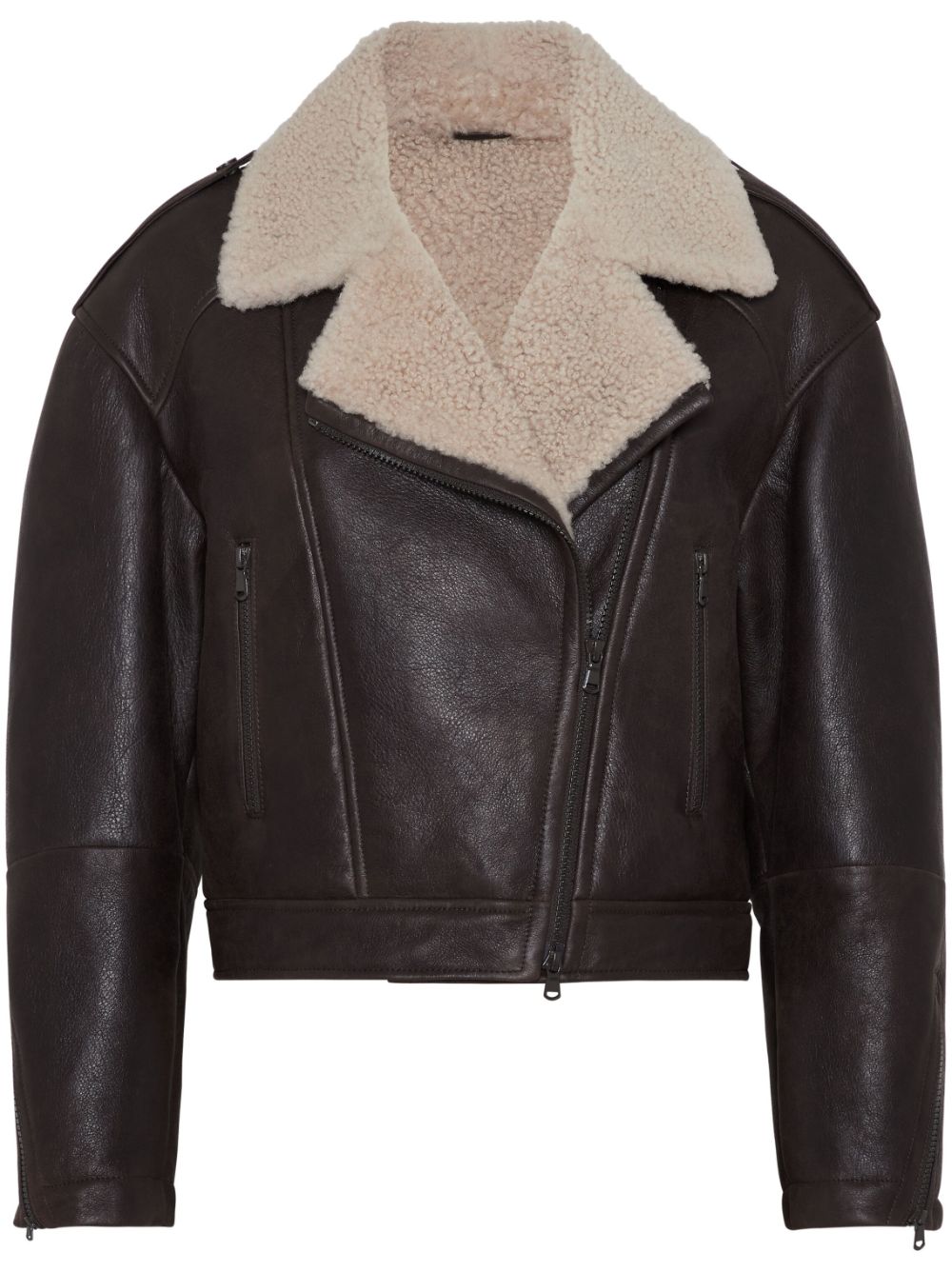 shearling-collar leather biker jacket