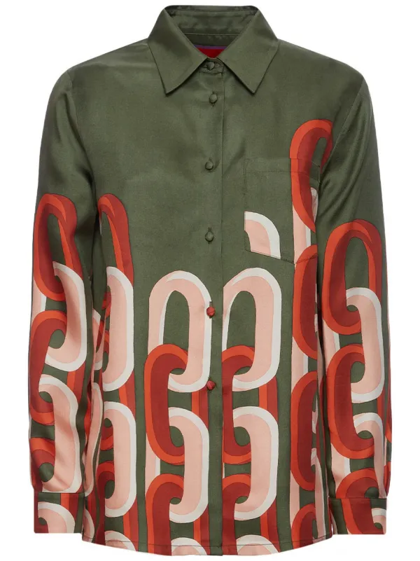 La DoubleJ Silk Geometric Print Shirt in Green