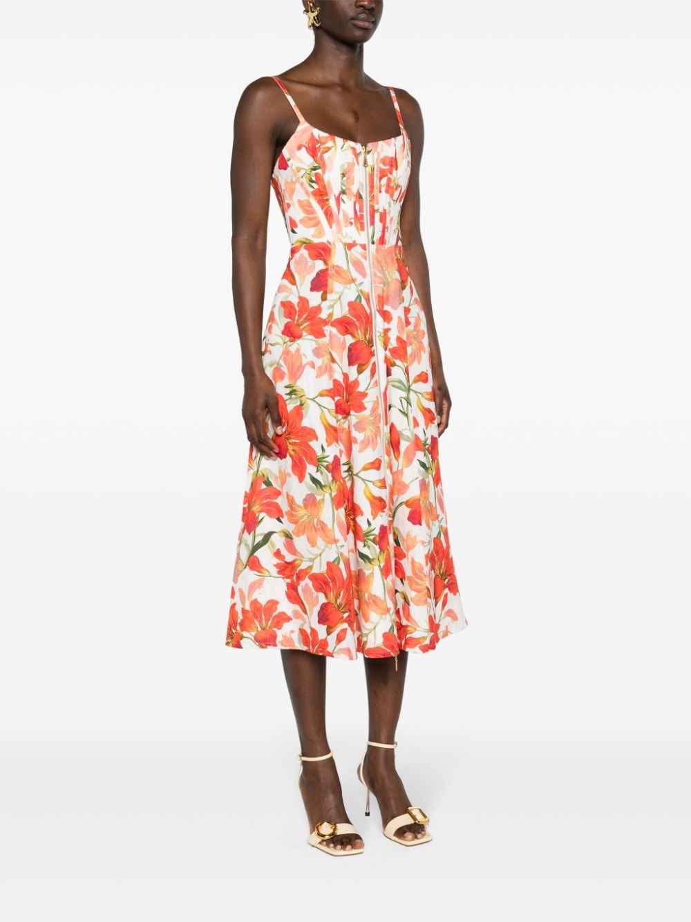 Shop Zimmermann Floral-print Linen Midi Dress In Neutrals
