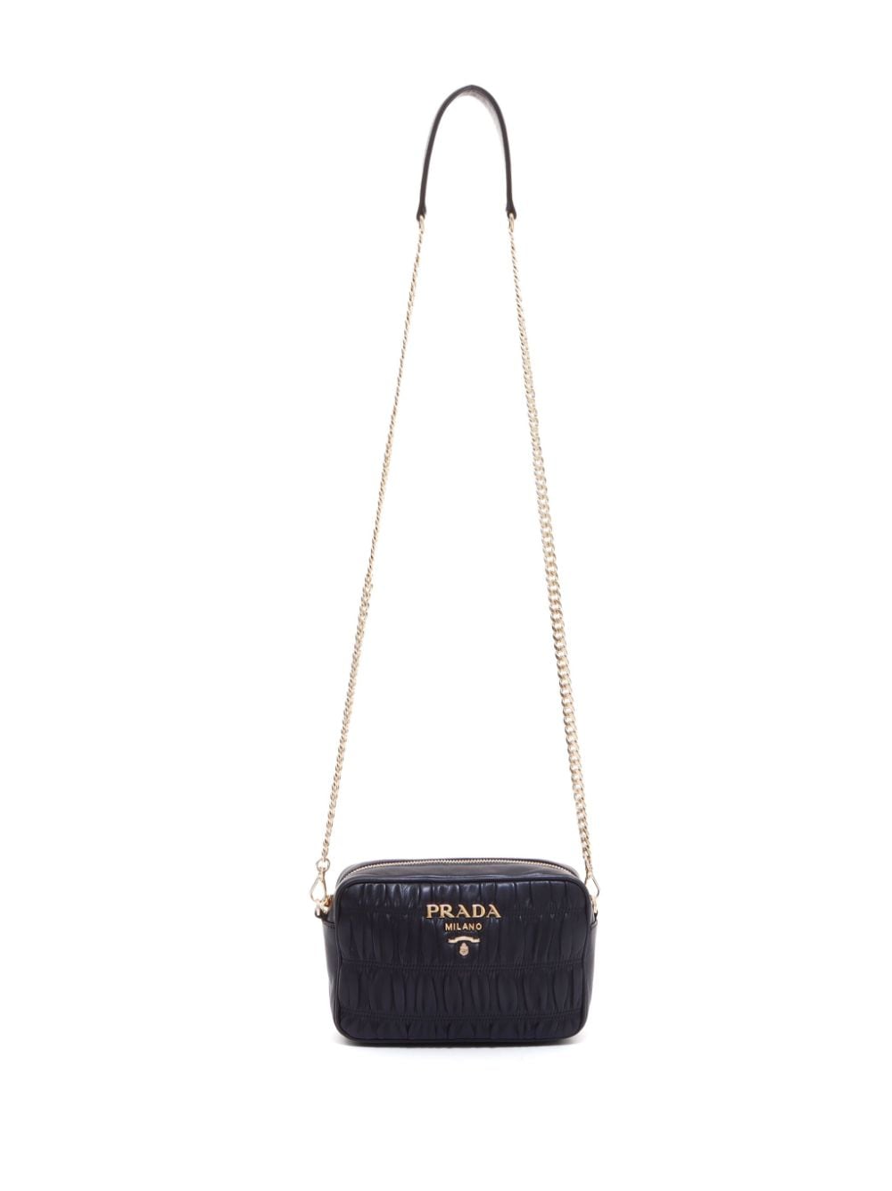 Pre-owned Prada Gathered Effect Logo-lettering Chain Shoulder Bag In Black