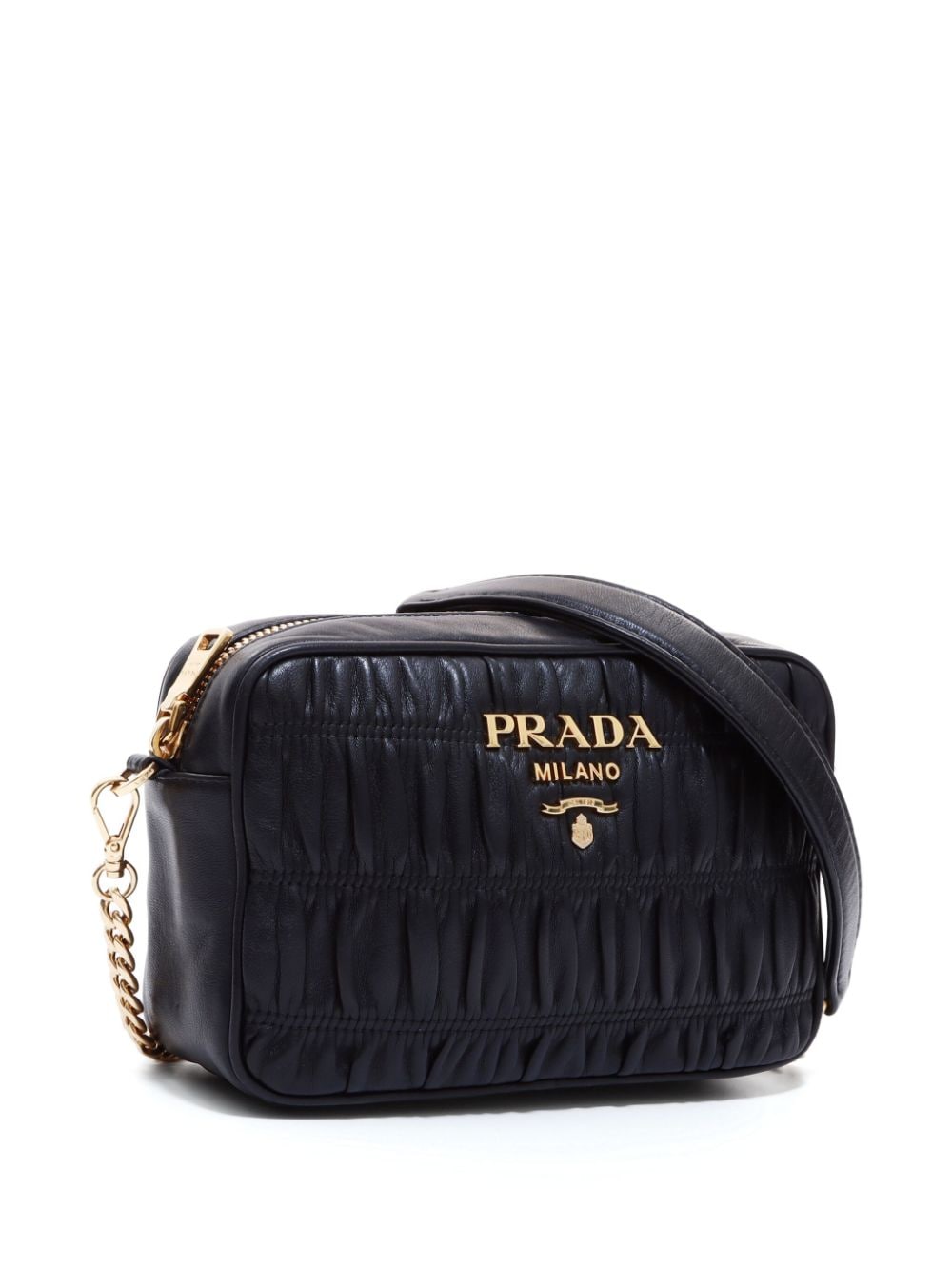 Pre-owned Prada Gathered Effect Logo-lettering Chain Shoulder Bag In Black