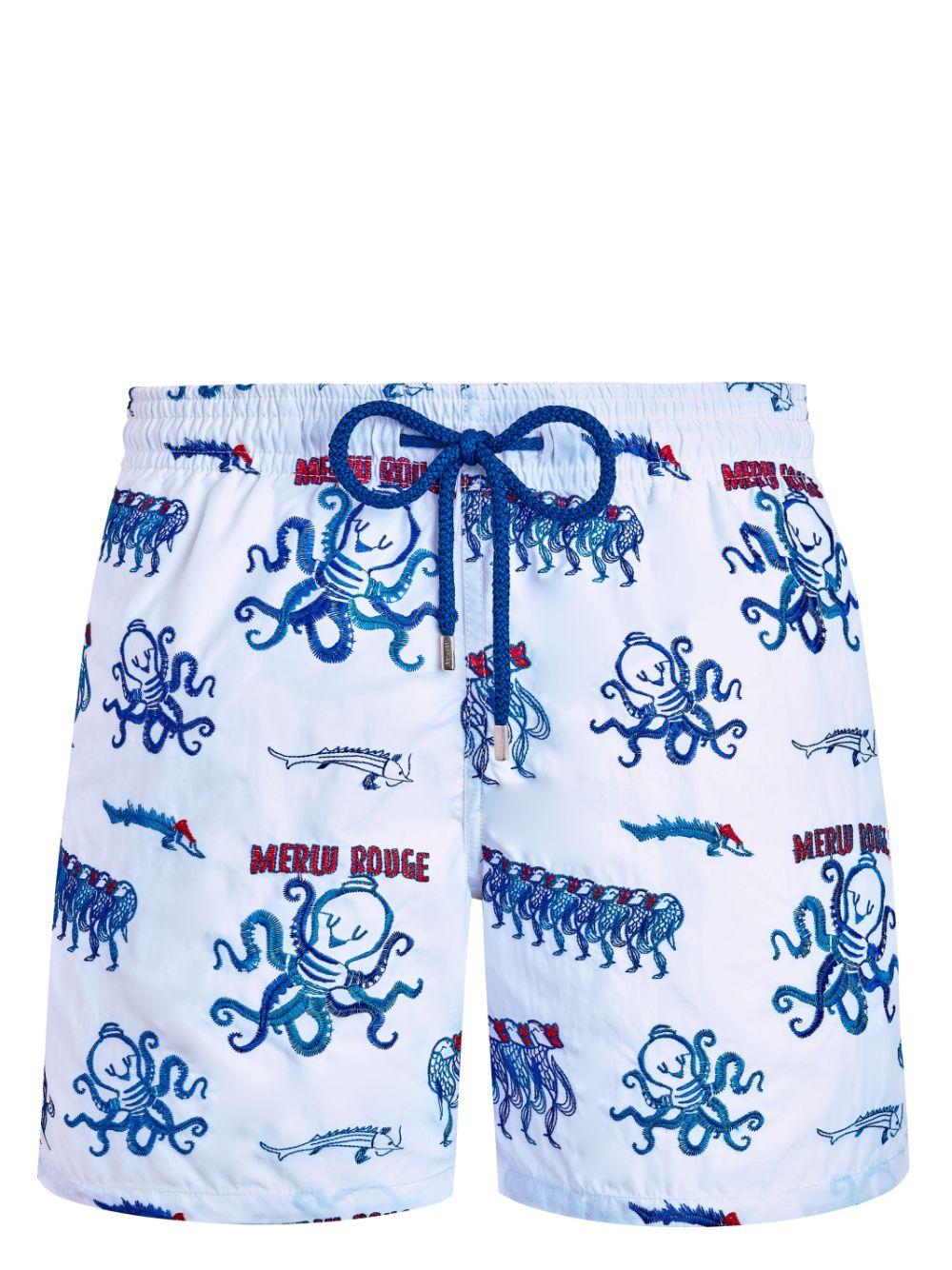 Vilebrequin Mistral Au Merlu Rouge-print Embroidered Swim Shorts In White