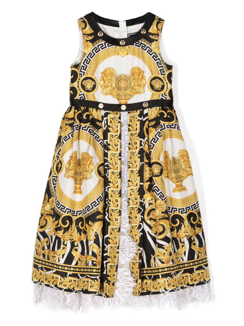 Versace Kids' Barocco-print Lace-trim Dress In Yellow