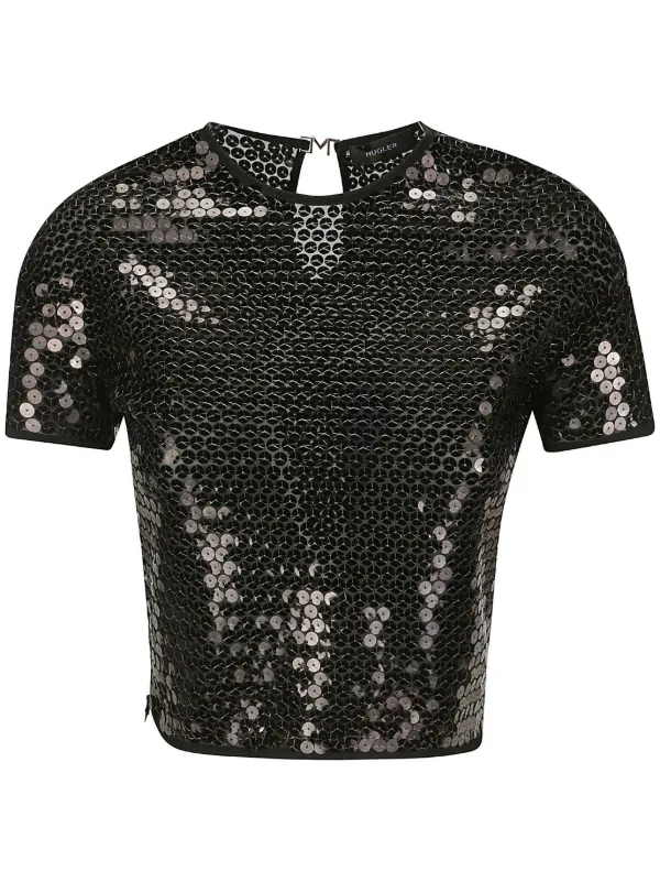 Mugler Short-sleeved Sequinned Blouse in Black