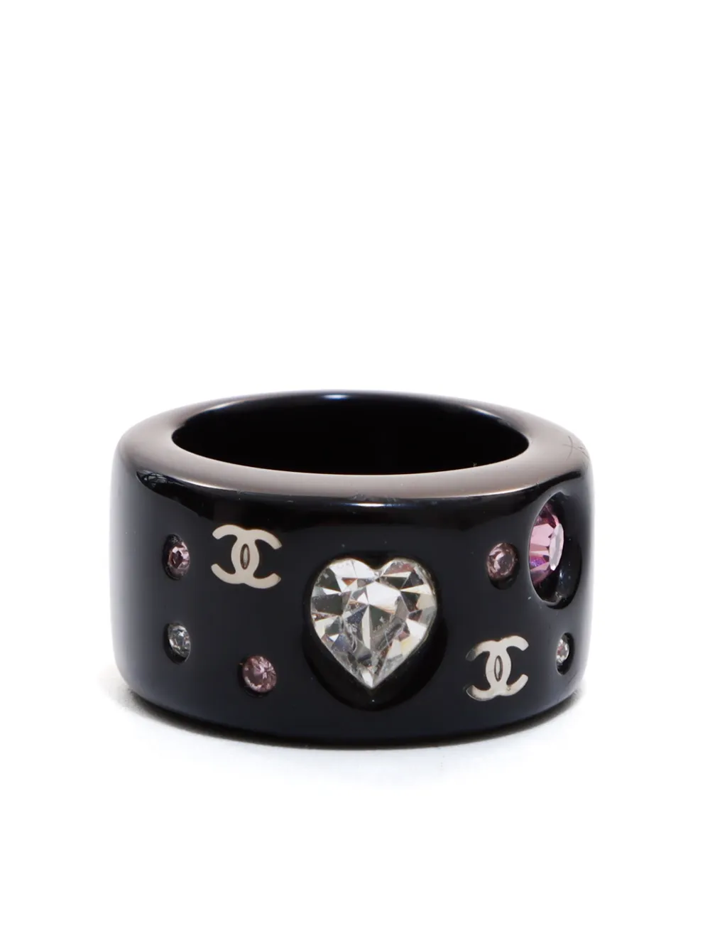 Pre-owned Chanel 2004 Cc Heart Rhinestone-embellished Ring In Black