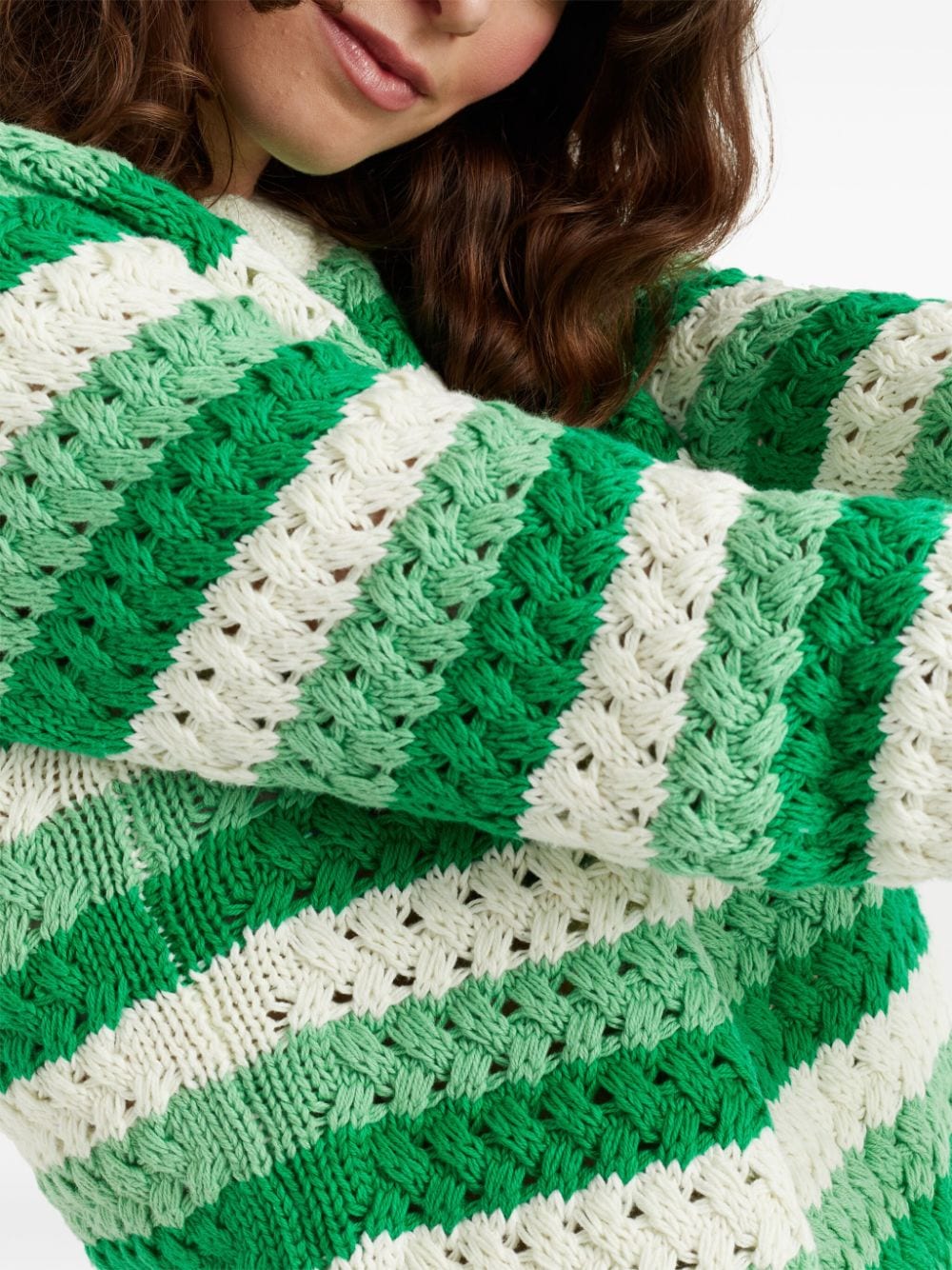 Shop Chinti & Parker Striped Crochet Cotton Jumper In Green