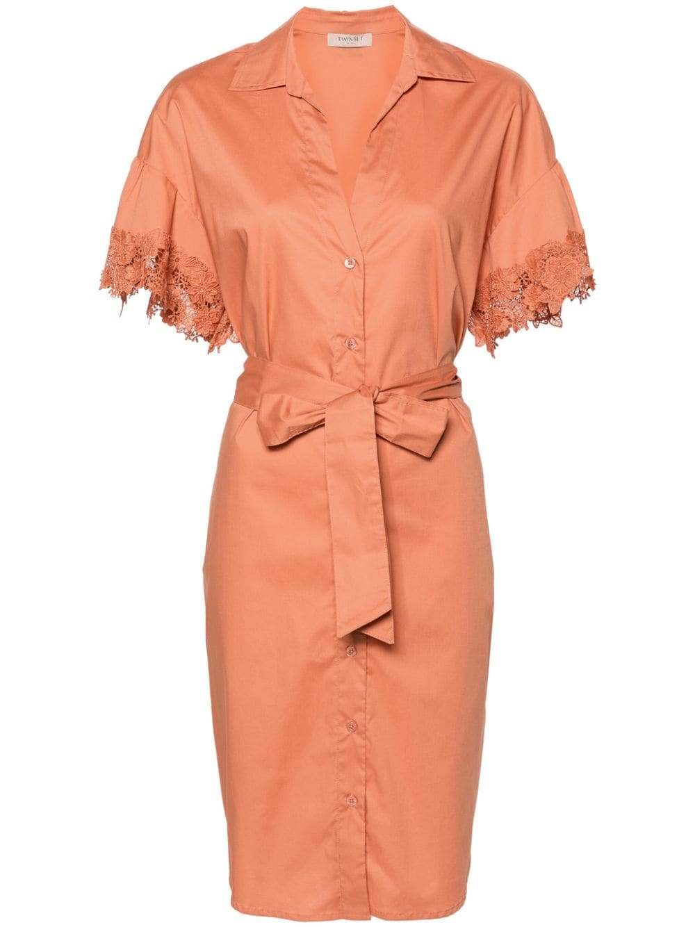 Twinset Lace-trim Belted Shirtdress In Orange