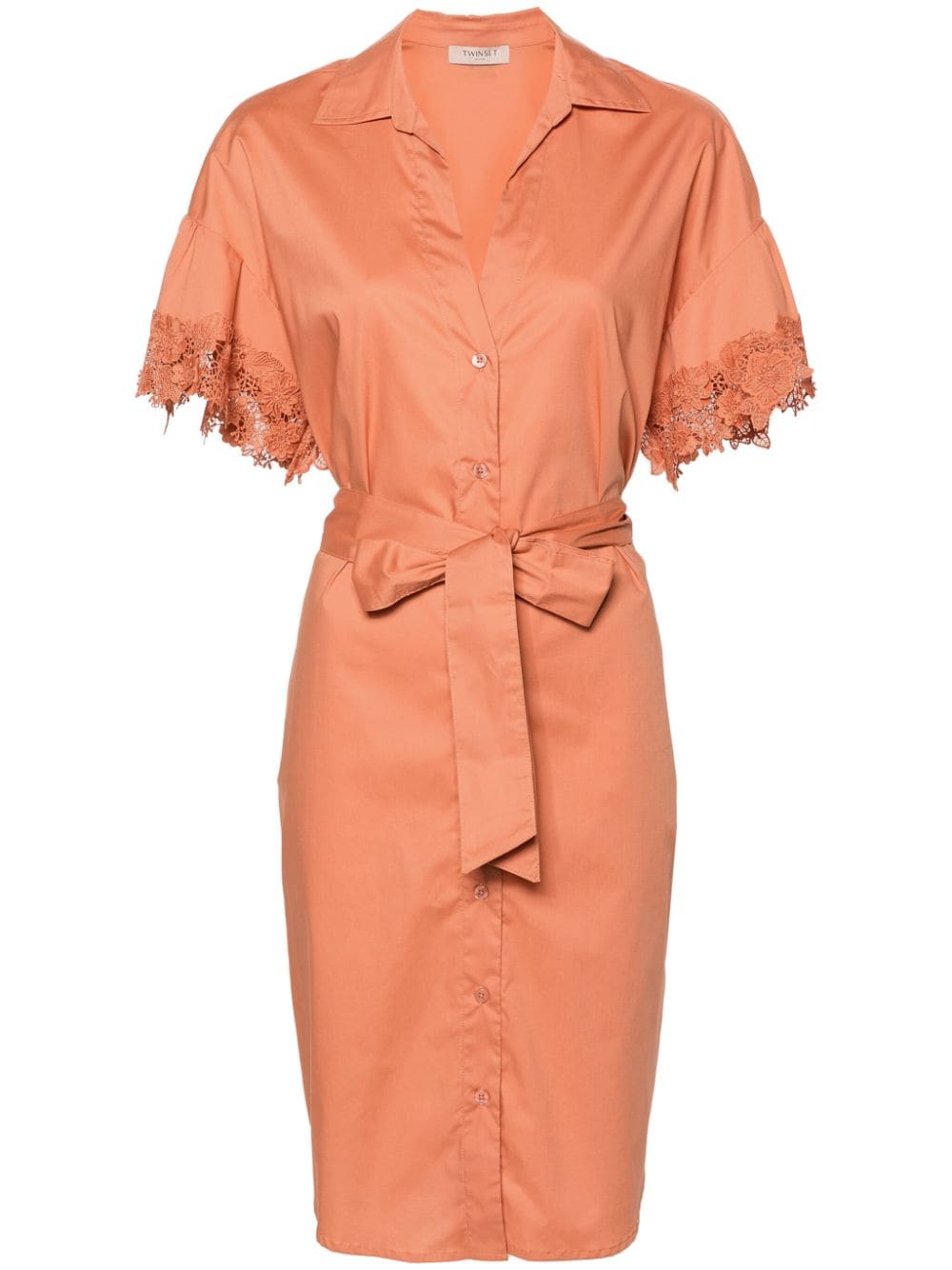 lace-trim belted shirtdress