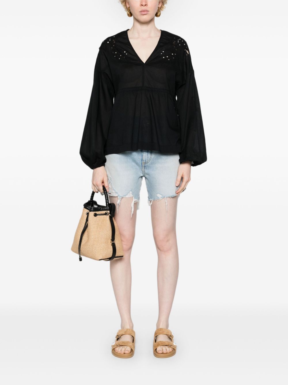 Shop Pinko Broderie-anglaise V-neck Blouse In Black
