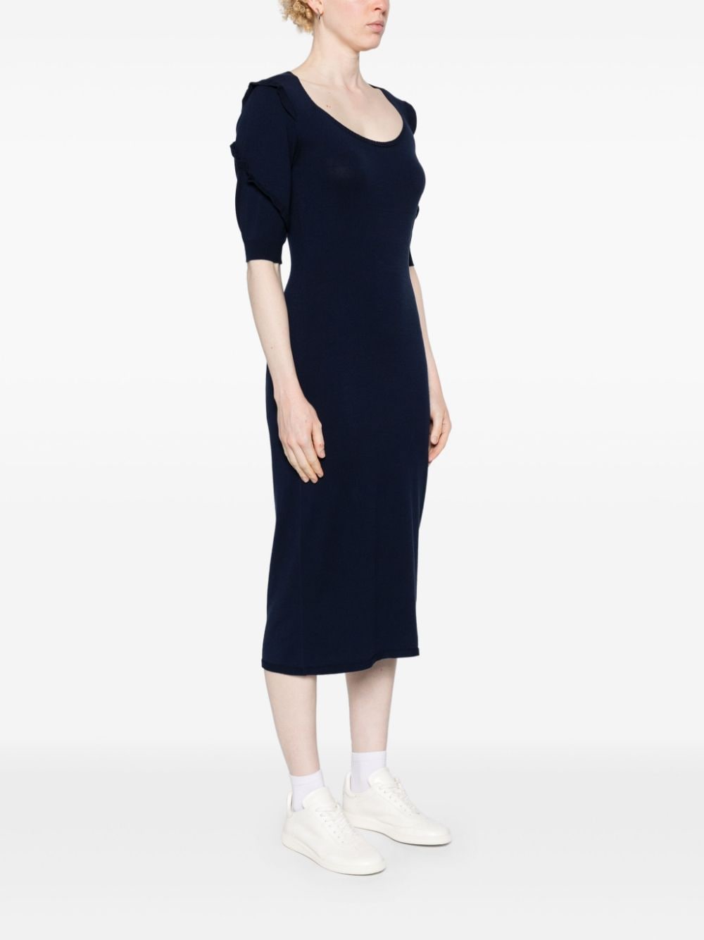 Shop Twinset Ruffled-detailing Fine-knit Dress In Blue
