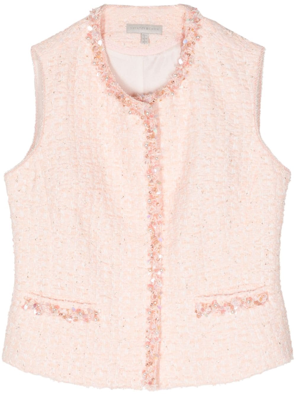 Shiatzy Chen Beaded-trim Tweed Vest In Pink