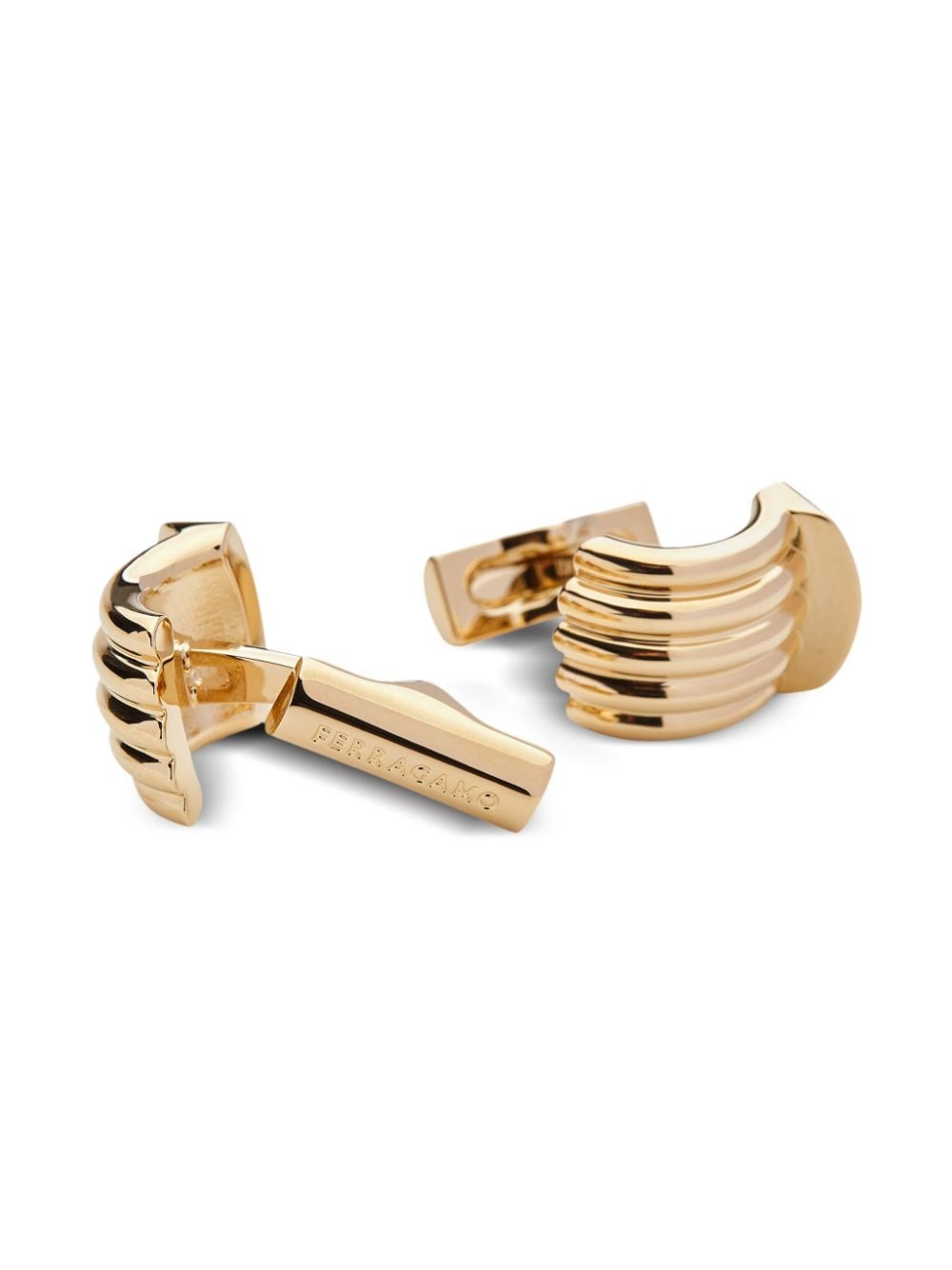 Shop Ferragamo Logo-engraved Ribbed Cufflinks In Gold