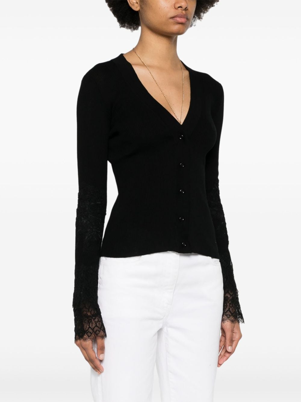 Shop Ermanno Scervino Lace-detail Knitted Cardigan In Black