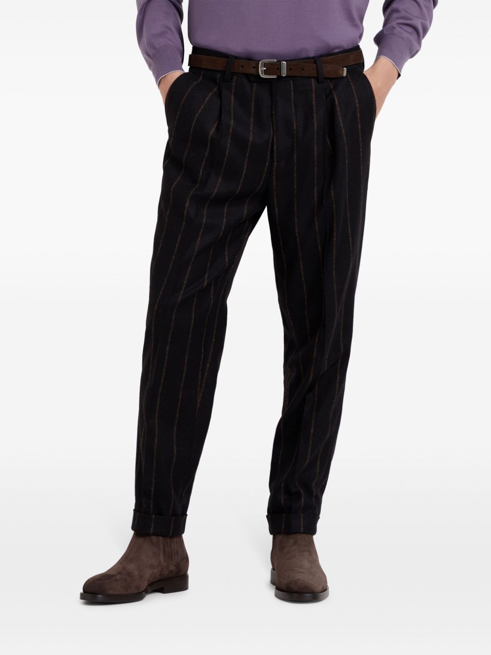 Shop Brunello Cucinelli Striped Tapered Trousers In Black