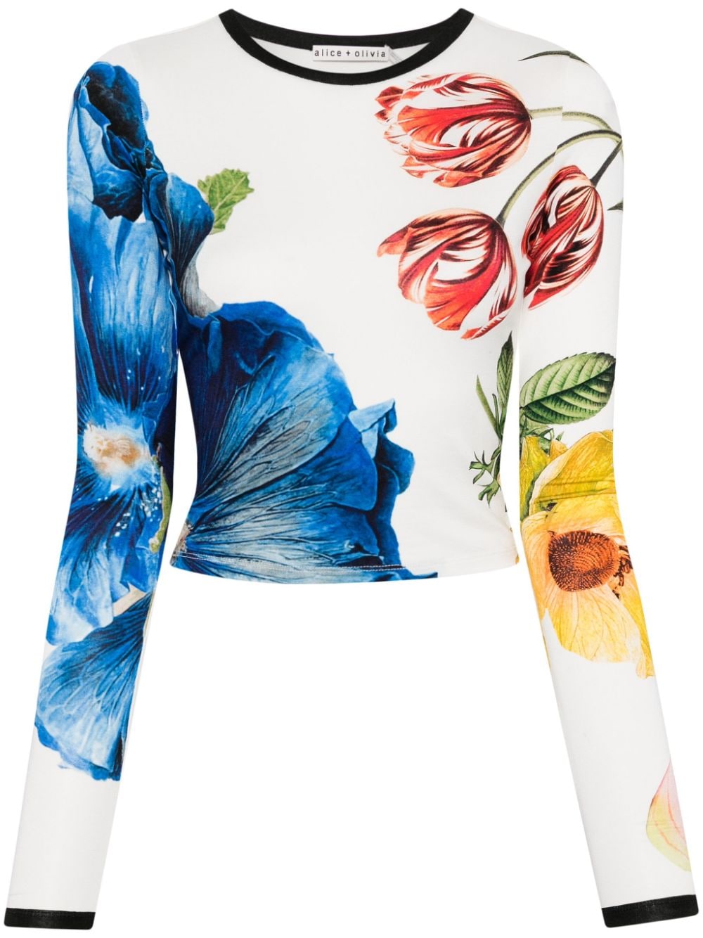 Shop Alice And Olivia Floral-print Fine-knit Sweater In White