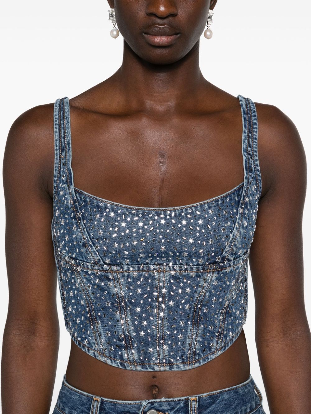 Shop Alessandra Rich Rhinestoned Denim Bustier In Blue