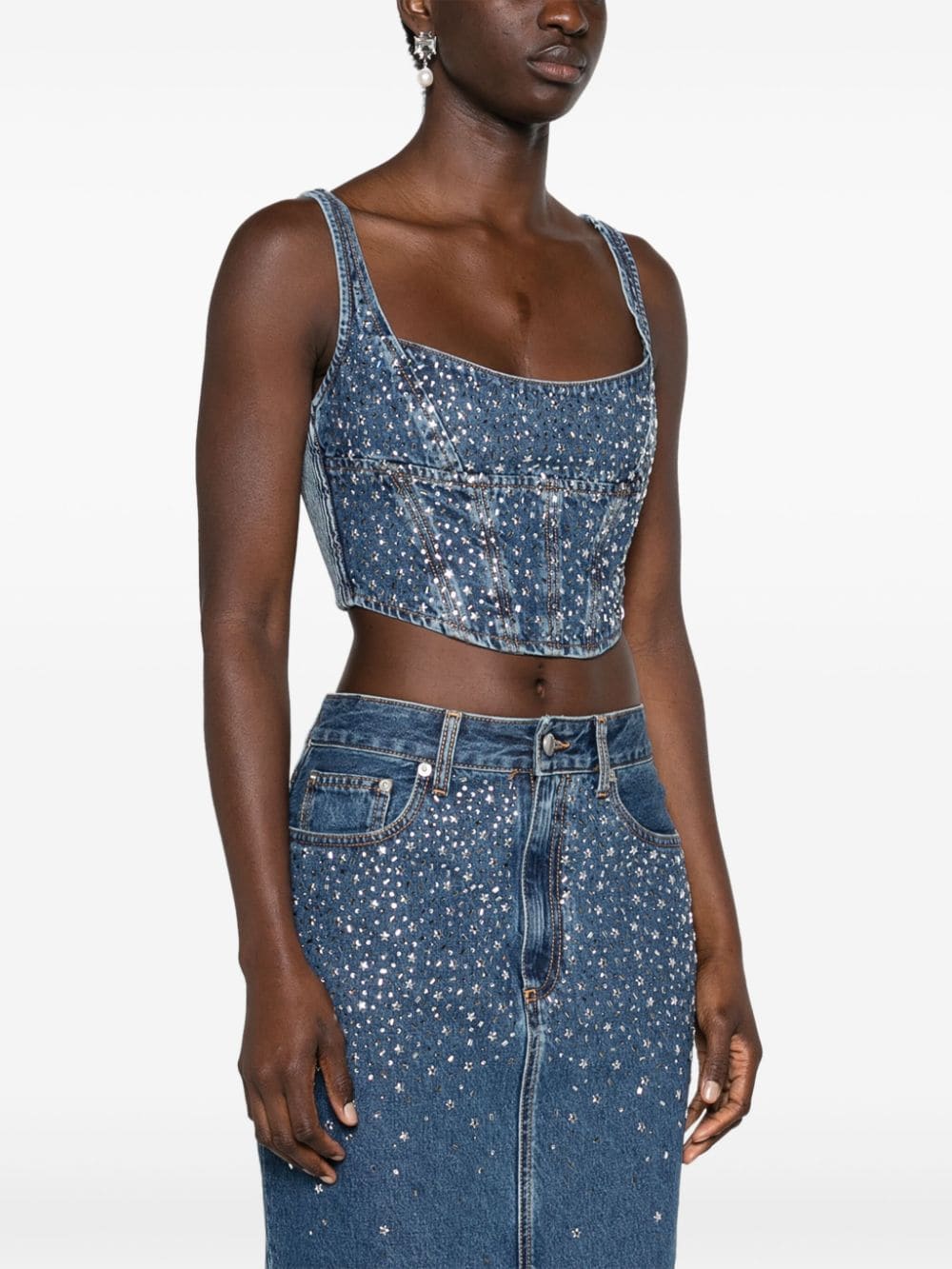 Shop Alessandra Rich Rhinestoned Denim Bustier In Blue