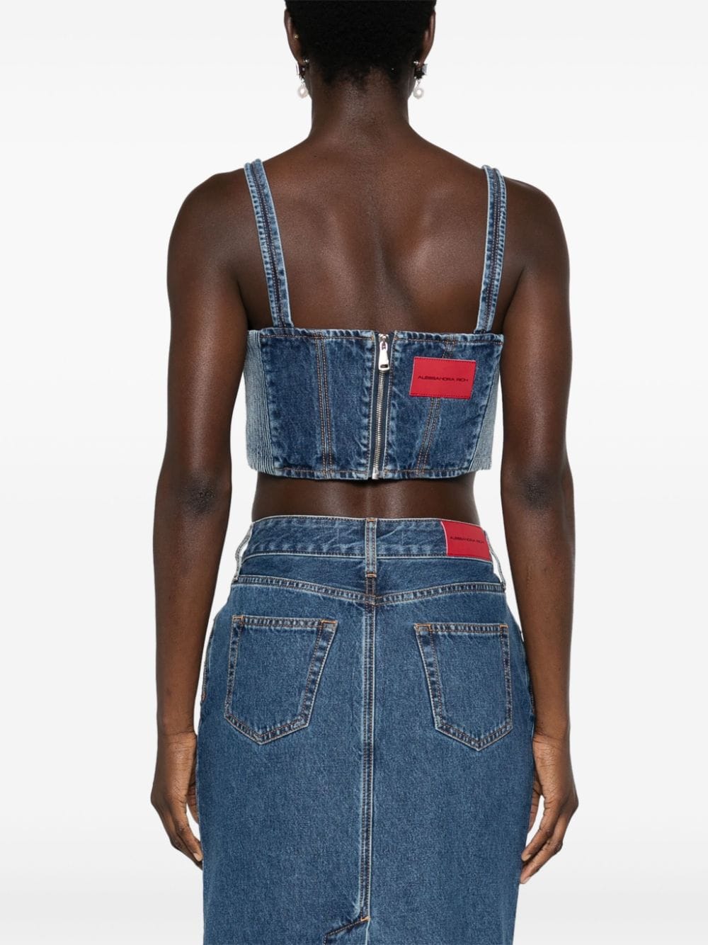 Shop Alessandra Rich Rhinestoned Denim Bustier In Blue