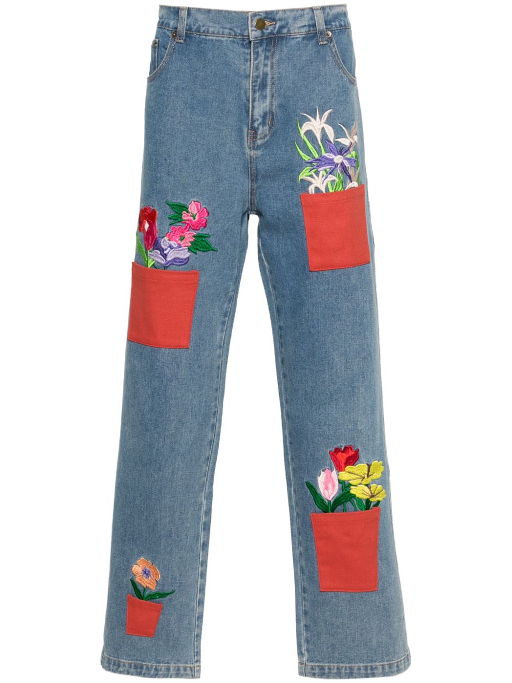 Shop Kidsuper Flower-pots Embroidered Tapered Jeans In Blue
