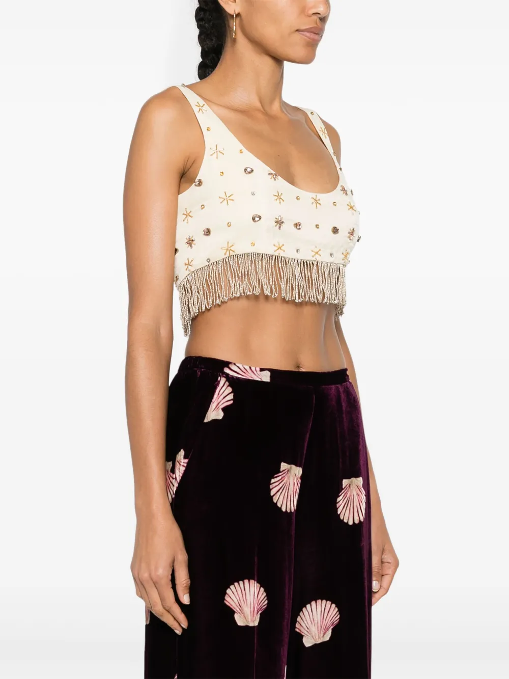 FORTE FORTE FRINGED BEAD-EMBELLISHED CROP TOP