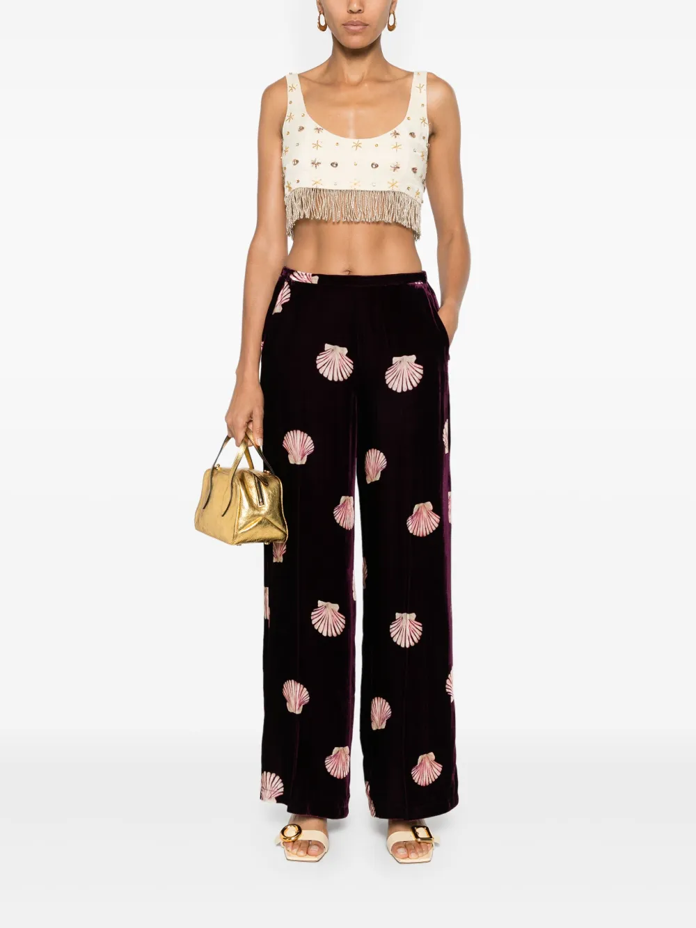 FORTE FORTE FRINGED BEAD-EMBELLISHED CROP TOP