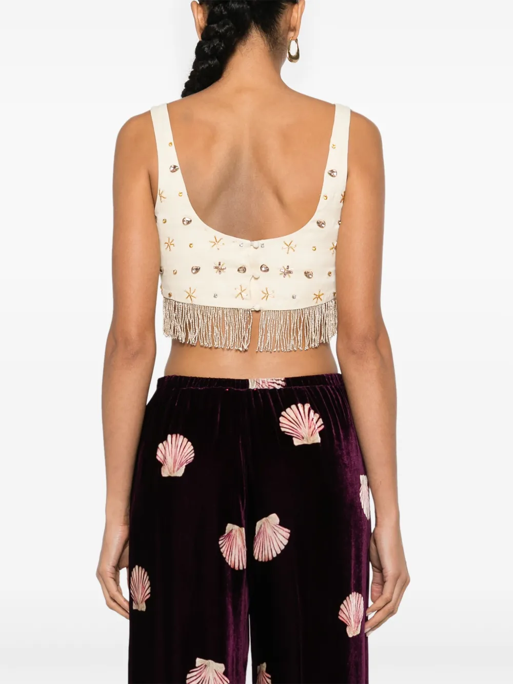 FORTE FORTE FRINGED BEAD-EMBELLISHED CROP TOP