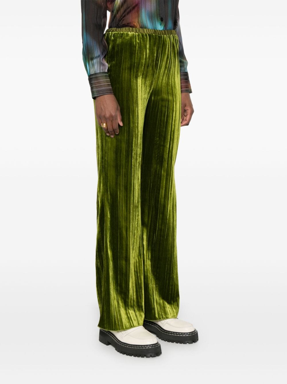 Shop Forte Forte Elasticated-waist Flared Velvet Trousers In Green