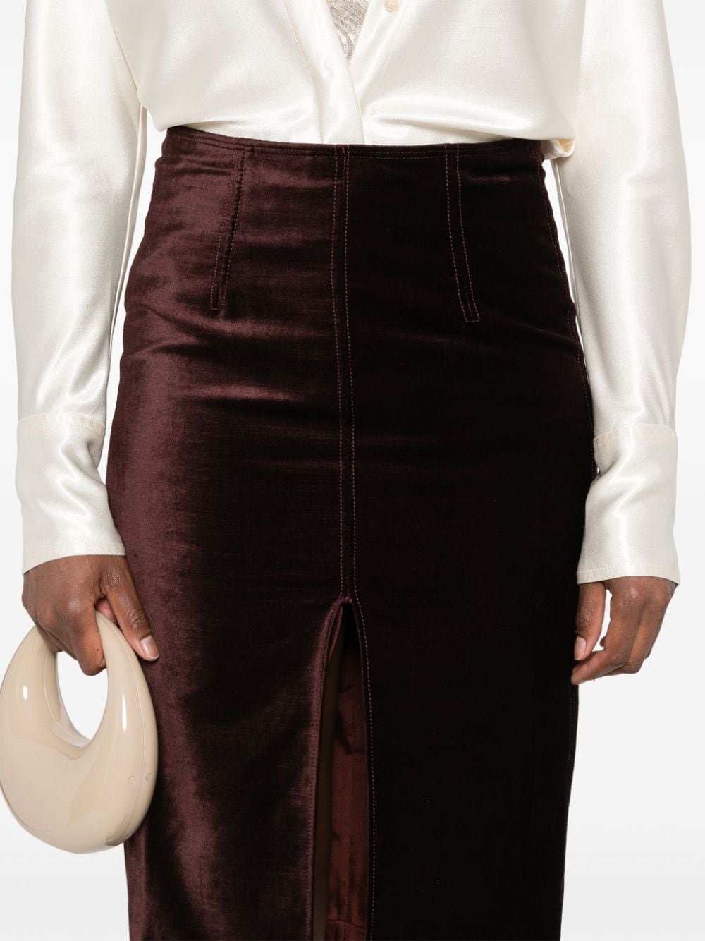 Shop Forte Forte Front-slit Velvet Midi Skirt In Brown