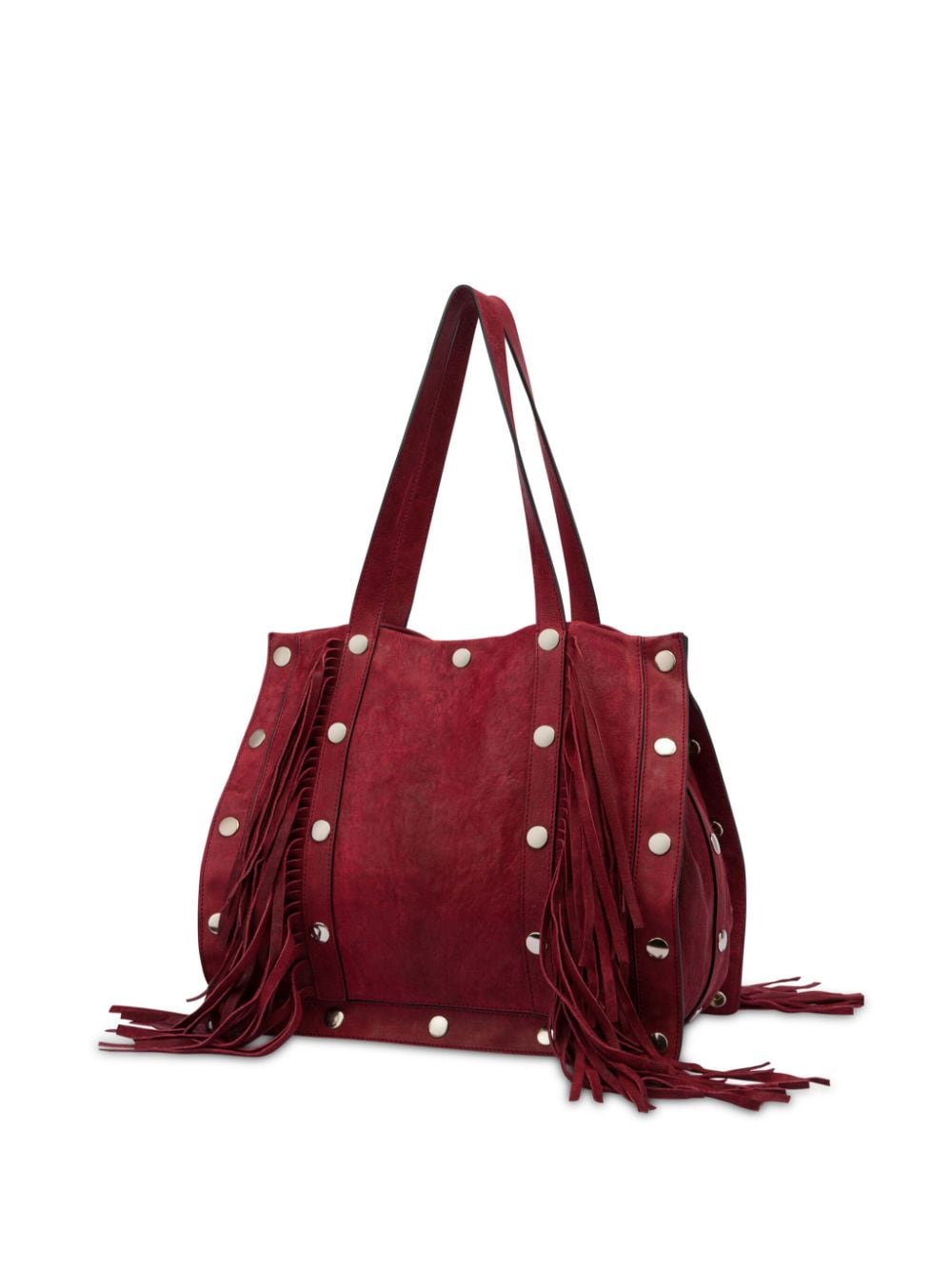 Shop Moschino Stud-embellished Fringed Suede Shoulder Bag In Red