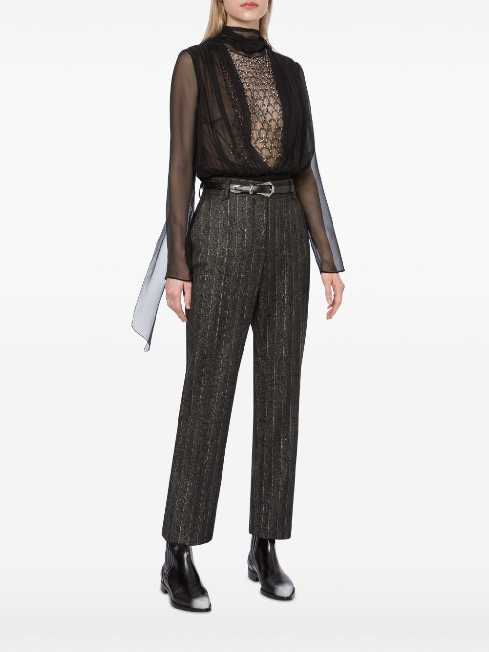 Shop Alberta Ferretti Pinstriped Mid-rise Tailored Trousers In Grey