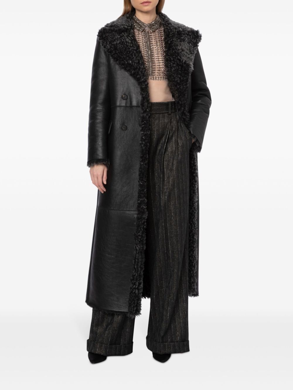 Shop Alberta Ferretti Double Breasted Sheepskin Coat In Black