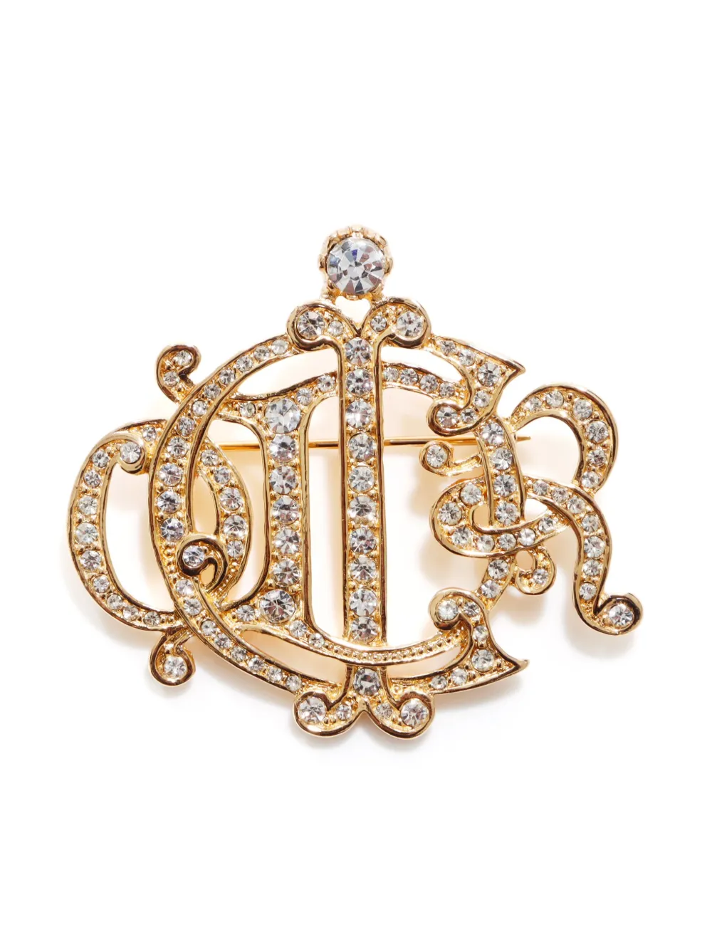 gold plated logo rhinestone brooch