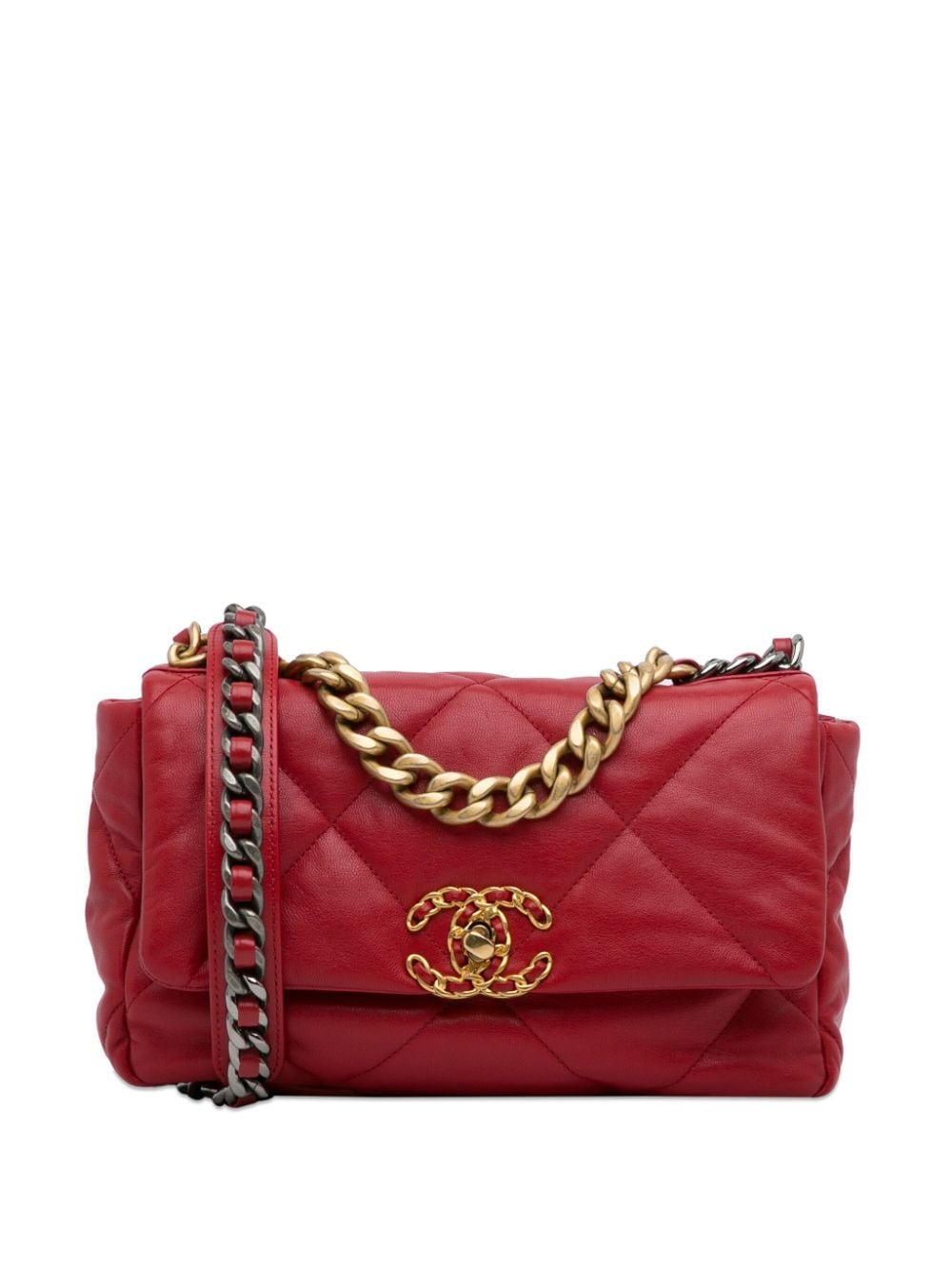 Pre-owned Chanel 2019 Medium Lambskin 19 Flap Bag Satchel In Red