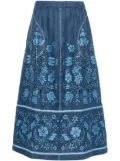 Vita Kin floral-embroidered linen midi skirt - Blue